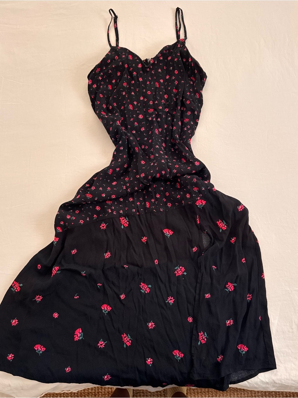 90s style black midi dress with red floral print, size S